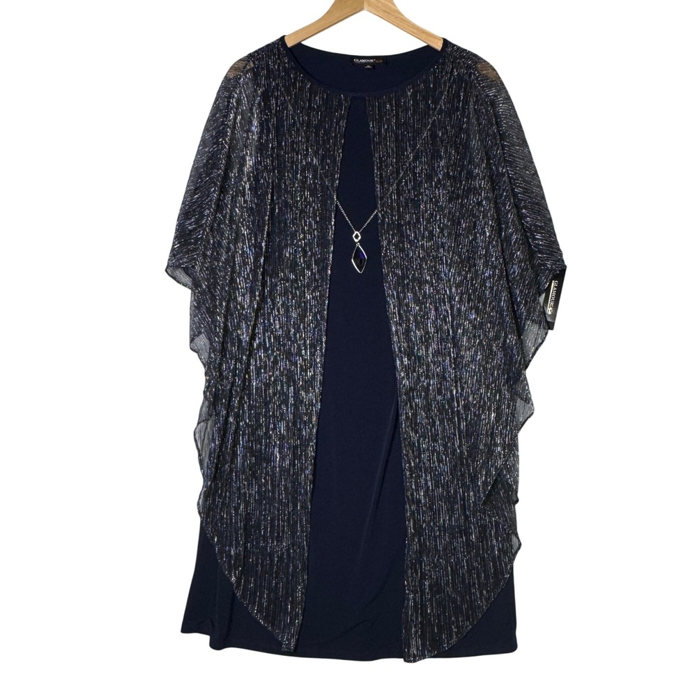 Navy Glitter Overlay Cape Dress‎ Womens Size 14 Glamour Gala Formal Evening
